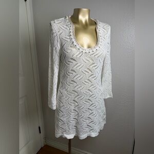 White House Black Market Beaded White Tunic Sweater S